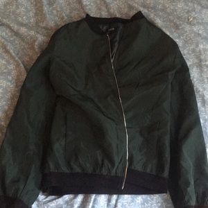 Women Emerald Green Bomber Jacket w/ Zipper Accent